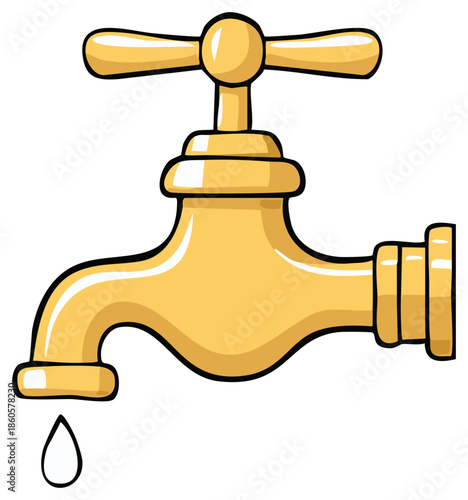 Cartoon Golden Water Faucet Dripping Drop Illustration