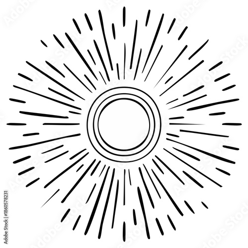 Black and White Sunburst Drawing with Concentric Circles and Radial Rays