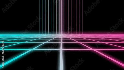 Abstract Neon Grid with Vertical Lines on Black Background