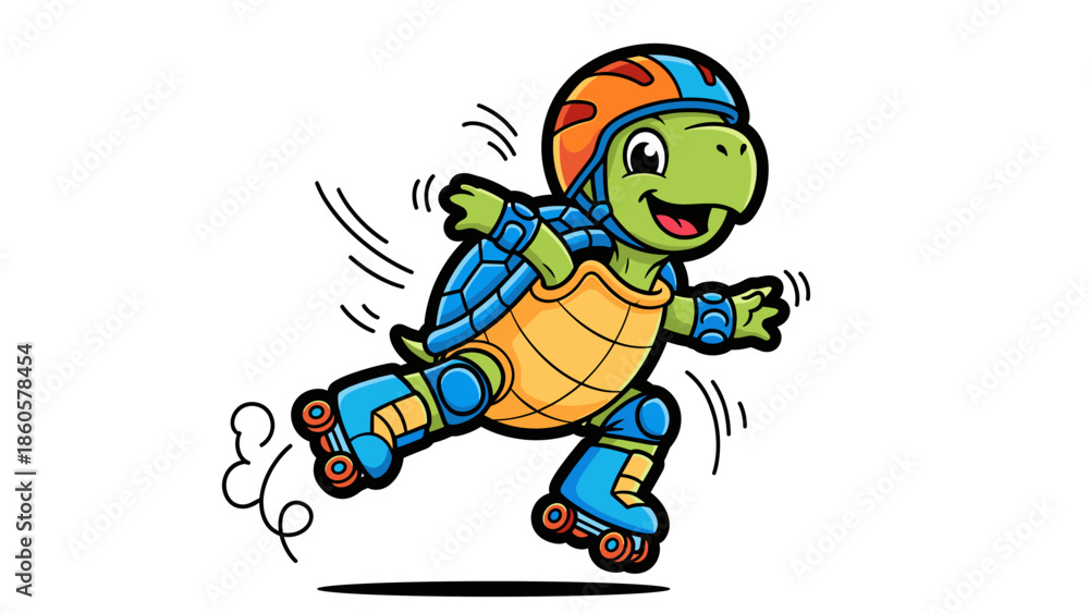 Obraz premium Cartoon turtle rollerblading with helmet and protective gear on a white background