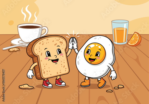 Cartoon toast and egg giving high five with coffee and orange juice