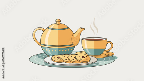 Cartoon teapot and teacup with cookies on plate in white background