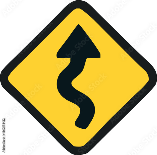 Traffic rule sign vector icon curved ahead warning  design, navigation tools, education material, and urban mobility projects.