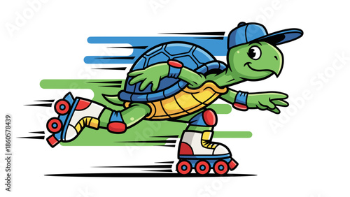 Cartoon turtle on roller skates speeding on white background illustration