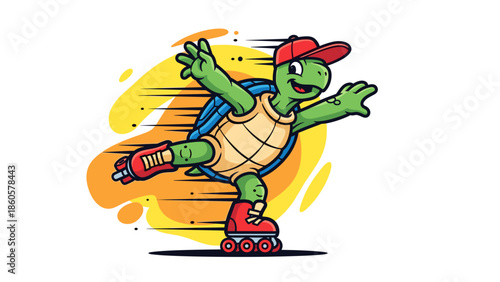 Cartoon turtle on roller skates dynamic illustration with speed motion effect