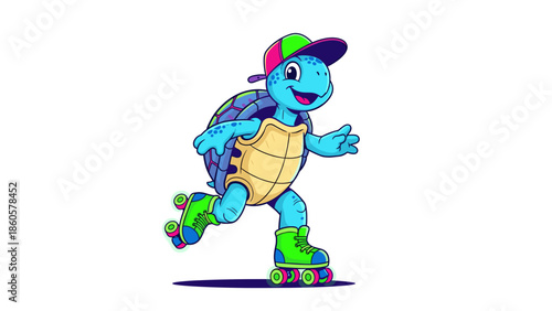 Cartoon turtle rollerblading on white background illustration concept