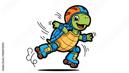 Cartoon turtle rollerblading with helmet and protective gear on a white background