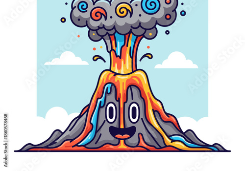 Cartoon volcano erupting with smiling face against a blue sky background