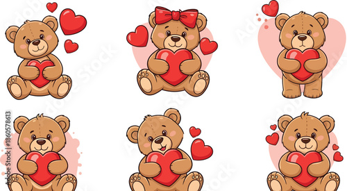Cute Teddy Bears with Hearts and Love Symbols Valentine’s Day Vector Illustration Set