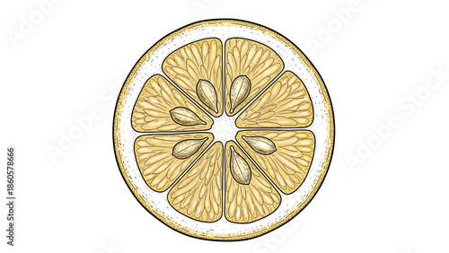 Close up of a sliced citrus fruit with seeds on a white background