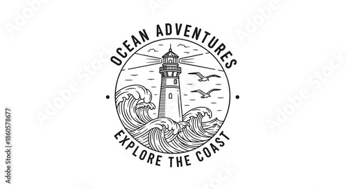 Coastal lighthouse emblem with waves and birds illustration