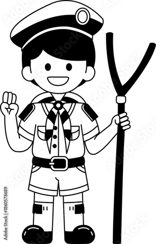 Black and white illustrations of a boy wearing a thai boy scouts uniform