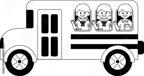 Black and white illustrations of A school bus with three Thai children