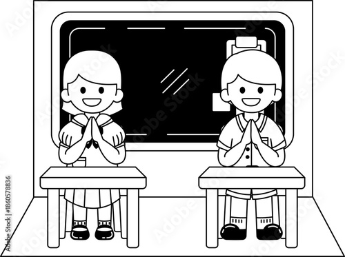 Black and white illustrations of Thai students are sitting in the classroom