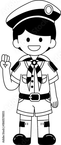 Black and white illustrations of a boy wearing a thai boy scouts uniform smiling