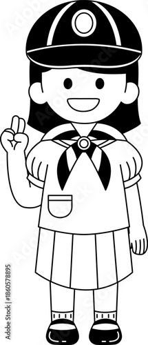 Black and white illustrations of short hair girl wearing a thai scout hat and scarf