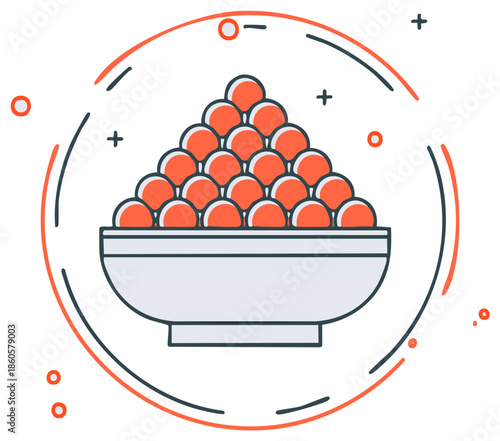 Bowl of Delicious Red Caviar Treats in Abstract Circular Modern Vector Illustration Style