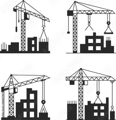 Construction crane vector icons, building development illustrations, tower crane lifting site material, architecture tools, black silhouette for industrial design