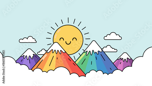 Colorful mountain range with sun and clouds vector illustration design