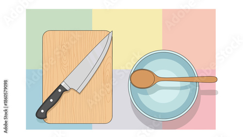 Culinary tools knife cutting board bowl and spoon on colorful background