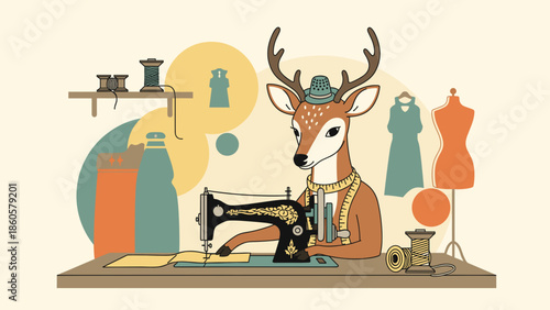 Deer sewing at a table with dress forms and spools against a light background