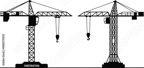 Construction crane silhouettes, tower cranes, heavy lifting equipment, industrial machinery, building site tools, engineering structures, construction site vector illustration