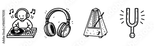 Music icons: dj, headphones, metronome, tuning fork illustrations in black and white