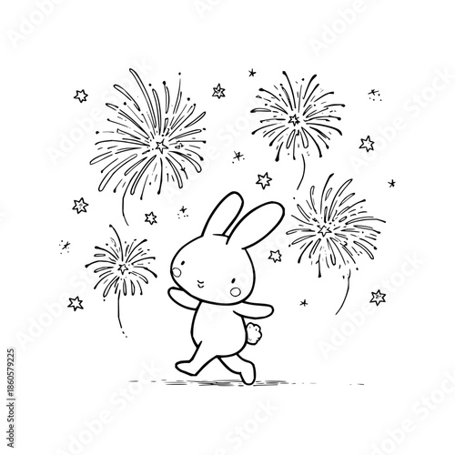 Smiling Bunny Watching Fireworks on New Years Eve