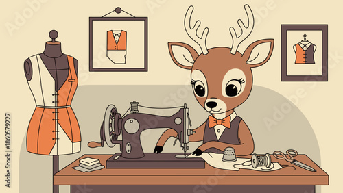 Deer tailor at work a cartoon illustration of fashion design and sewing