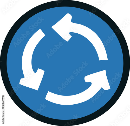 Traffic rule Roundabout  sign vector icon with bold shapes and high visibility, great for traffic control illustrations, road safety education, and mobility platforms.