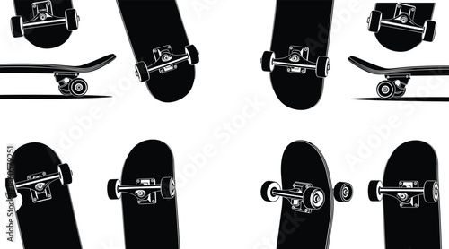 Skateboard deck and truck illustration set showing multiple angles isolated black vector silhouettes for street skate culture design projects artwork
