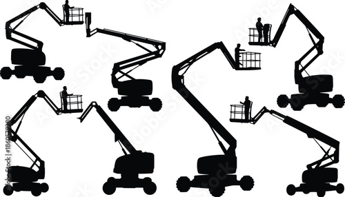 Construction lift truck silhouettes, boom lift vector icons, elevated work platform machines, maintenance equipment graphic, black industrial illustration design