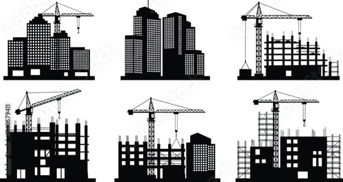 Construction site crane silhouette, high rise building under construction, black construction graphic, urban development structure, vector construction zone, real estate skyline progress art