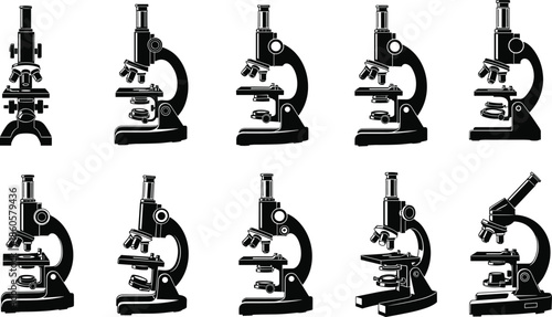 Microscope silhouette collection showing laboratory scientific optical instruments isolated black vector illustration set for education research medical design use