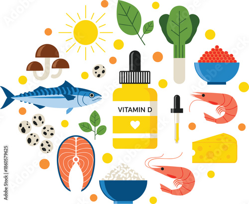 Vitamin D food sources and supplement collection featuring oily fish eggs mushrooms cheese spinach and sunshine for healthy lifestyle and nutrition vector design.
