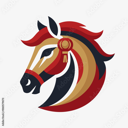 A modern stylized horse head logo in profile, featuring a vibrant color palette of red, gold, and dark blue with a decorative element.