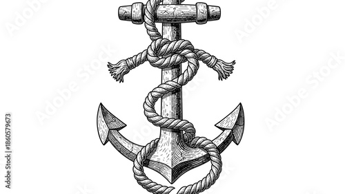 Detailed etched anchor design with rope isolated on white background