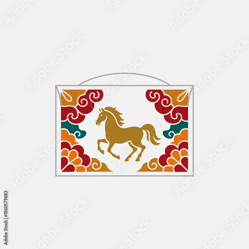 Golden horse with traditional cloud patterns on a white rectangular badge, cultural design element.