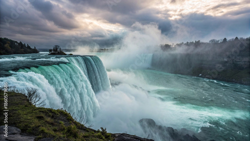 A breathtaking winter landscape of the frozen Niagara Falls at sunset captures the natural power of the river cascade as it flows through the Ontario nature attraction in Canada
