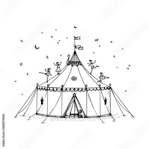 Circus Tent with Acrobats and Clowns at Night