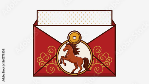 Red envelope with a horse zodiac sign and golden coin, symbolizing good fortune and prosperity for Chinese New Year.