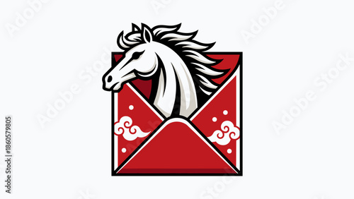 A majestic white horse head with a flowing mane emerging from a red envelope adorned with traditional cloud patterns.