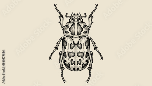 Detailed illustration of a beetle in graphic black and white style