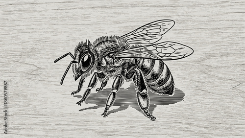 Detailed illustration of a bee on textured wood background insect close up