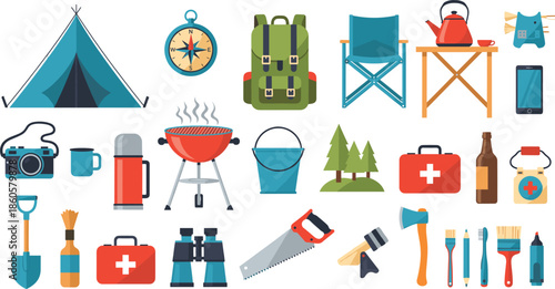 Camping and outdoor adventure equipment collection featuring tent backpack compass barbecue grill and survival tools for hiking and mountain forest tourism vector design.