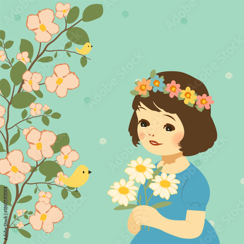 A smiling child in a blue dress and flower crown holds a bouquet of daisies. Pink blossoms and yellow birds on a branch evoke springtime warmth, innocence, and nature’s renewal.