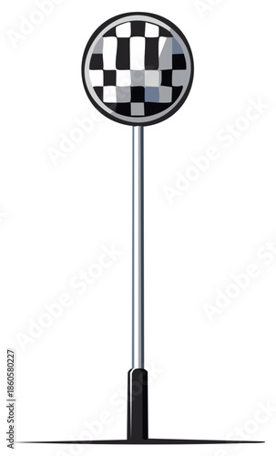 Isolated vector illustration of a round checkered racing sign on a pole for motorsport competition