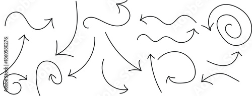 A collection of various arrows and swirling line illustrations in black on a white background for design and artistic reference