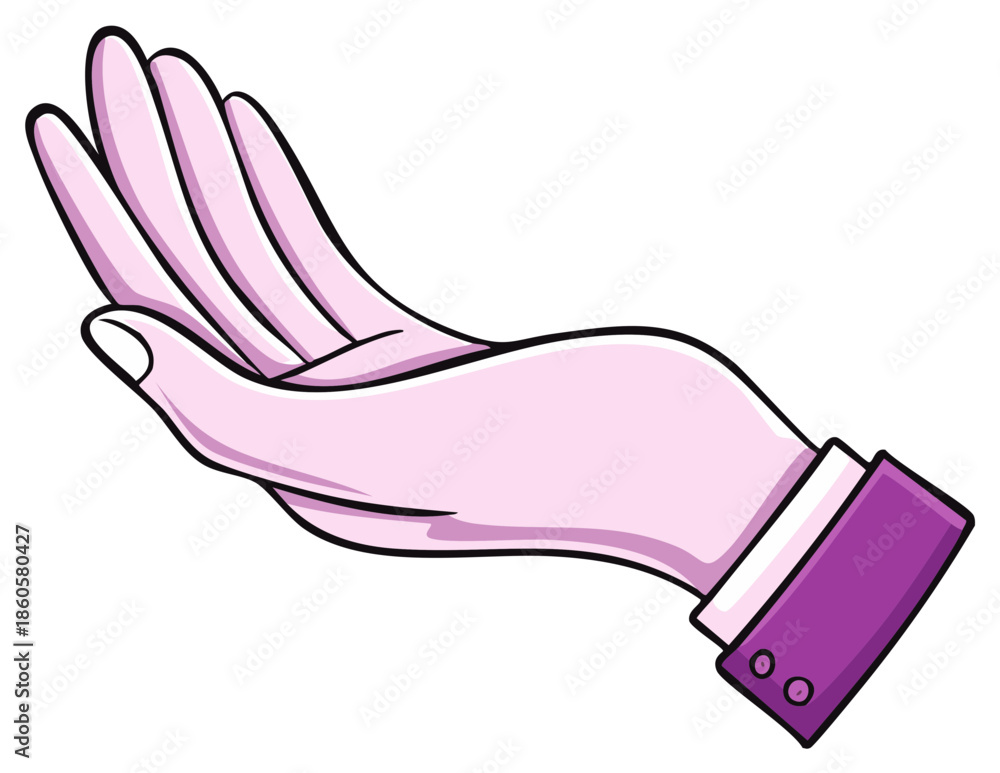 Obraz premium Illustration of an outstretched hand with pink skin tone and purple sleeve cuffs in a cartoon style.