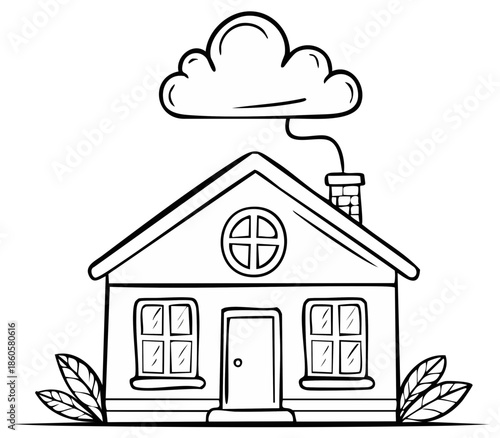 Simple cartoon house with a cloud and chimney on white background